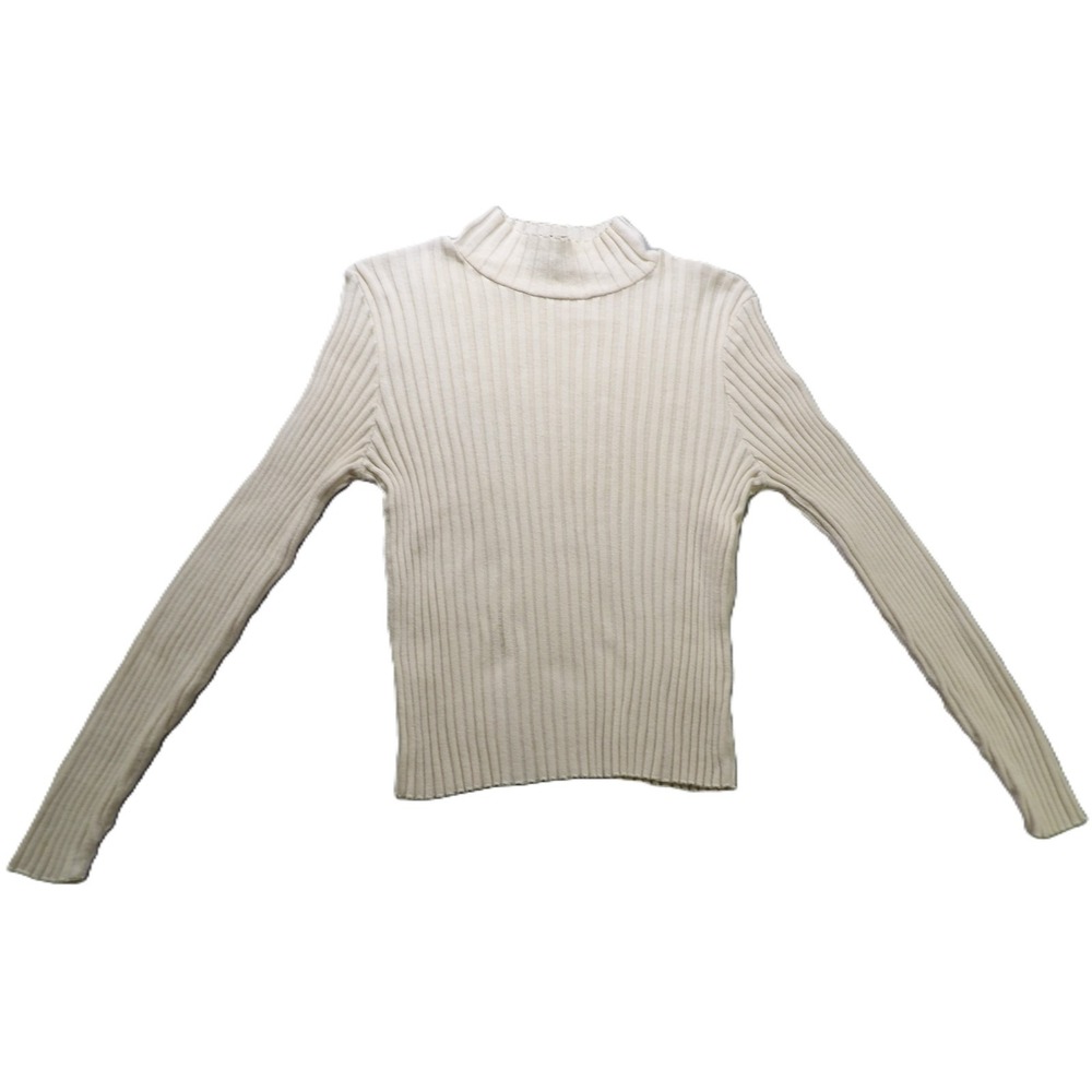 VTG 90s G.H. Bass Women S White Mock Neck Ribbed Long Sleeves Cotton Sweater USA